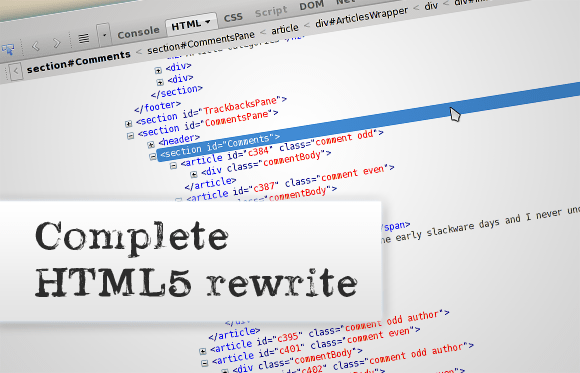 The HTML code now consists of semantic HTML5 elements instead of a large div soup.